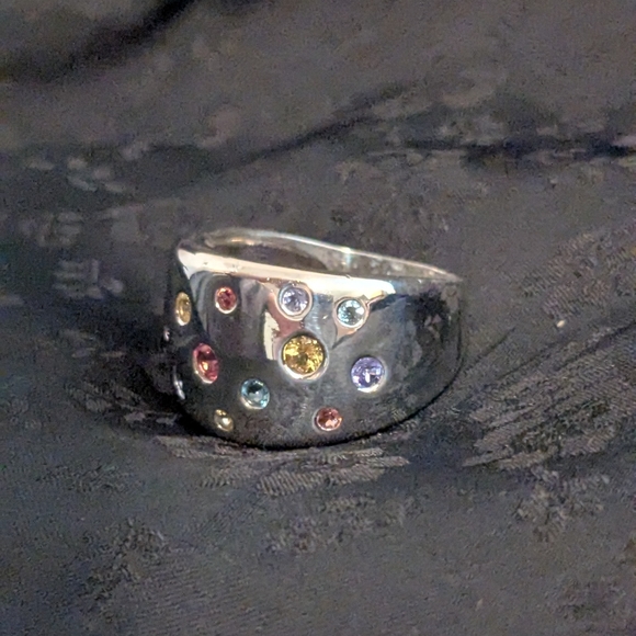 925 Solid Sterling Silver Scattered Multicolor CZ Gemstone Ring Size 10 - Picture 3 of 10